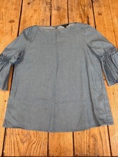 Beautiful MASSIMO DUTTI Chambray Blue Ruffle Sleeve Wide Neck BLOUSE TOP, UK 10