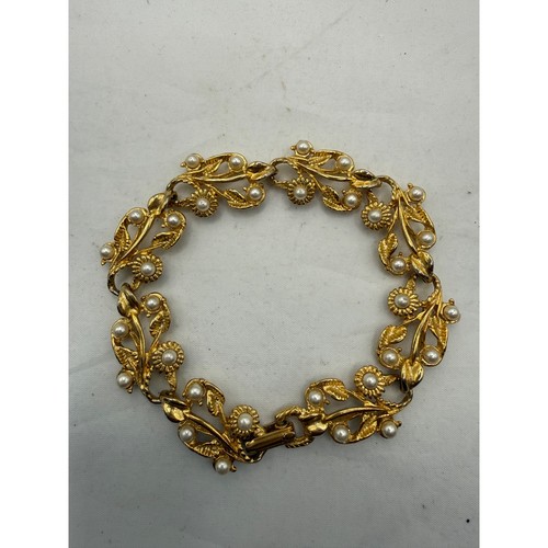 Gold tone leaf pearl bracelet - tone,