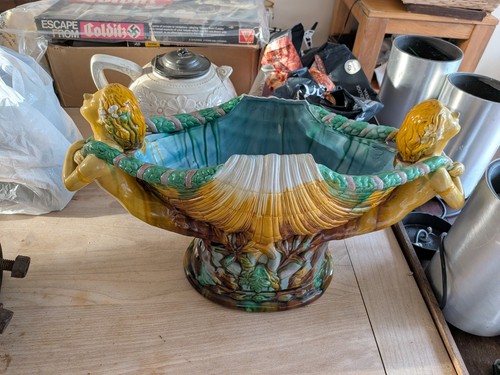 Large majolica shell vase with - large,