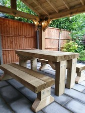 Rustic Solid Wooden Sleeper Outdoor Table and Benches Garden Furniture 6 Seater