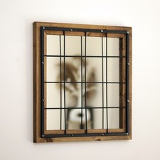 Industrial Square Caged Mirror Wooden Frame Metal Hallway Vanity Wall Decor Gift