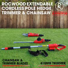 2in1 Cordless Pole Hedge Trimmer & Chainsaw RocwooD 410mm/200mm Blades Battery