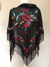Black Shawl Flamenco Piano Silky Scarf Manton Fringe ColorfulEmbroidery Gothic