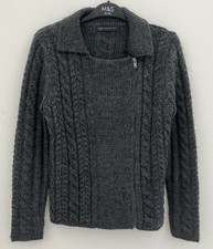 M&S Collection Cable Knit Wool Alpaca Blend Biker Style Zipped Cardigan Size 12