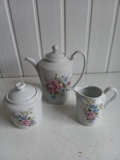 Limoges France Teapot Milk Jug & Sugar Bowl White Pink & Blue Floral CH