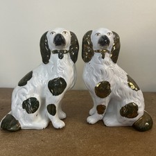 Antique Pair of  Victorian Staffordshire Wally Dogs, Flatback Spaniels 18cm