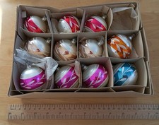 11 Vintage Glass Christmas Baubles Painted Leaf Design Decoration
