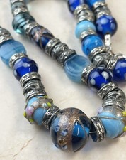 Vintage Blue Glass Necklace Spotted, Banded, Wedding Cake Beads Metal Spacers