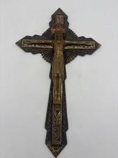 Vintage French Art Deco Brass Wall Cross Crucifix Jesus Christ Corpus Christi 