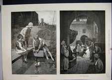 Original Old Antique Print 1888 Carpet Market Cairo Egypt Children Water Boat