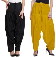 Women's Pure Cotton Plain Semi Patiala Salwar Pant Black & Yellow Pack of 2Pcs