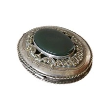 Large Vintage Sterling Silver Pill or Snuff Box Pendant Locket, Green Stone, 28g