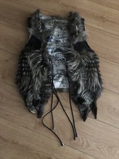 Real Grey Silver Fox Fur & Real Leather Trim Ladies Gilet Size S/8-10