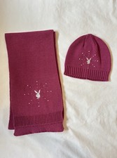 Fushia Pink Playboy 100% Wool Knitted Hat and Scarf with Rhinestone Details New