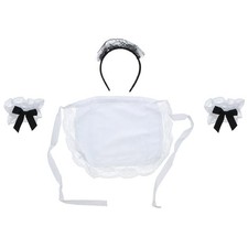 White French Maid Costume Set with Lace Apron, Headband, Black Bow Sleeves -