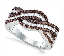 925 Sterling Silver Chocolate Brown & White Ring Diamond Twist Band .75ct 
