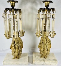 Pair Antique Brass & Crystal