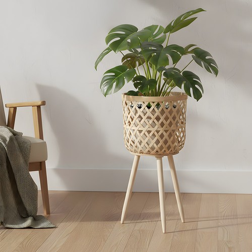 Rattan plant stand woven - rattan,