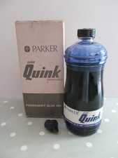 LARGE SIZE VINTAGE PARKER QUINK INK BOTTLE (20 OZ ) WITH BOX & POURER - BLUE INK