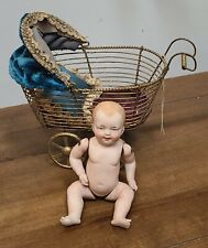Antique German Baby Doll & Wire Carriage Dollhouse Miniature Pram Jointed Larger