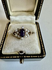 Antique Vintage 9ct Gold 375 Seed Pearl Amethyst Ring