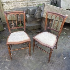 Pair of Antique Wood Hall Bedroom Chairs Church Chairs