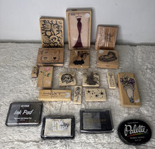 Wooden Assorted Block Rubber Craft Card Making x15 Stamp Blocks Plus 4 Inks