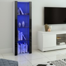 Modern Wood Tall Display Cabinet Glass Shelves Storage Sideboard with LED Light
