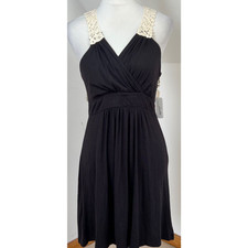 Charming Charlie Shift Dress Jersey Size M Summer Black & Cream Crochet Holiday