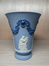 Wedgwood Blue Tricolour Jasperware Large 15.5cm Flared Vase Lions