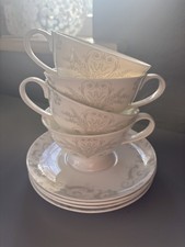 Laura Ashley "Josette" Grey Bone China Cups and Saucers NEW x 4 