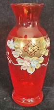 Vintage ruby red Bohemian glass vase with hand painted flowers - 13.5 cm