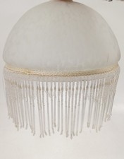 Vintage White Glass Lamp Shade with Beaded Fringe Trim Art Deco Style - USED