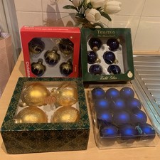 Vintage Glass Christmas Tree Baubles In Blue And Gold 4 boxes 3 West Germany 