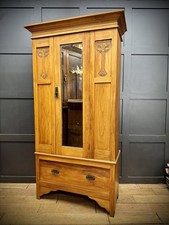 Antique Satinwood Wardrobe with Mirror Door & Drawer – Art Nouveau c1900