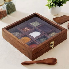 Wooden Masala Dabba Indian Spice Box Shesham Wood 9 Compartments Glass Lid Spoon