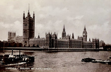 London Houses of Parliament River Thames Paddle Boat Vintage Image Postcard