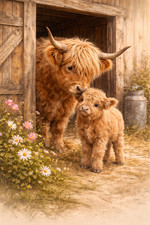 Highland cow and calf barn - and,