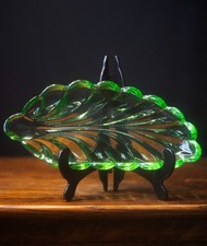 Art Deco Bagley Green Glass Leaf Dish or Bowl. Green Glass Decorative Bowl 24cm