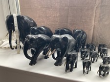 Fifteen Vintage Carved African Elephants Dark Wood Some Missing Tusks See Pics