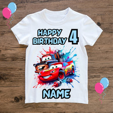 Cars Lightning McQueen Kids Personalised Birthday T Shirt Add Name and Age