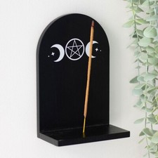 Gothic Pentagram & Triple Moon Black Incense Stick Holder Wooden Altar Shelf