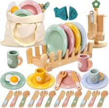 25PCS Wooden Tea Set, Pretend