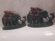 2x Vintage Cast Iron Elephant With Blanket And Rider Basket Doorstops 1.5kg each