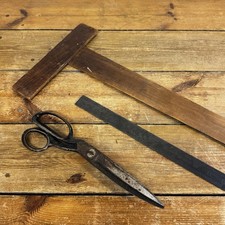 Vintage Wooden T Square Scissors & Metal Ruler Draughtsmen Tool Carpentry