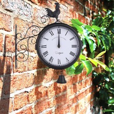 Waterproof Double Sided Wall Station Clock Outdoor Garden Bracket Rooster Decor
