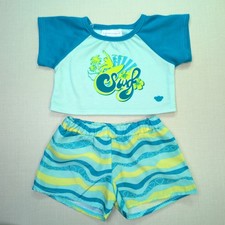 Build-A-Bear Blue Surf T-Shirt Top & Wave Print Shorts Outfit