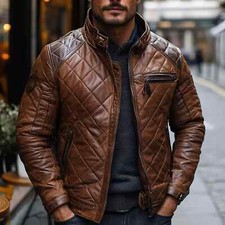 Men's Brown Quilted Leather Jacket Biker Style Real Lambskin Leather Jacket UK02