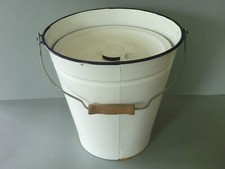 Vintage Blue White Enamel Bucket Pail with Lid - Rustic Kitchenalia Planter
