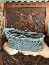 Vintage 1950's Baby Blue Wicker Moses Basket by Aster Lloyd Loom Laundry Storage